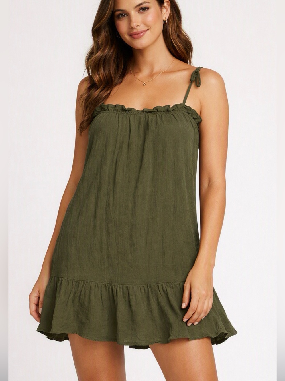 ⁠Just Quella Olive Green Spaghetti Strap Cami Mini Dress Ruffle Hem Size Small⁠